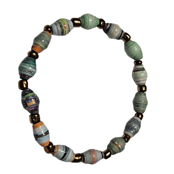 Handmade Recycled Paper Brass Beaded Bracelet Eco Friendly Jewelry Recycled - Picture 1 of 4